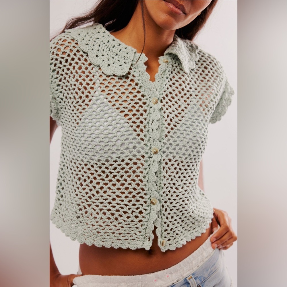 Free People Lily Crochet Top in Pale Aqua Size XS